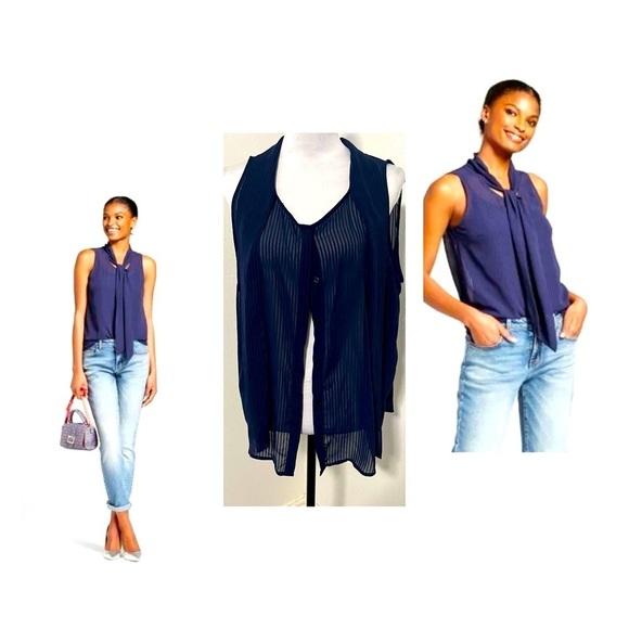 A New Day Women’s XXL Textured Chiffon Tie Neck Sleeveless Blouse Xavier Navy - Picture 1 of 9
